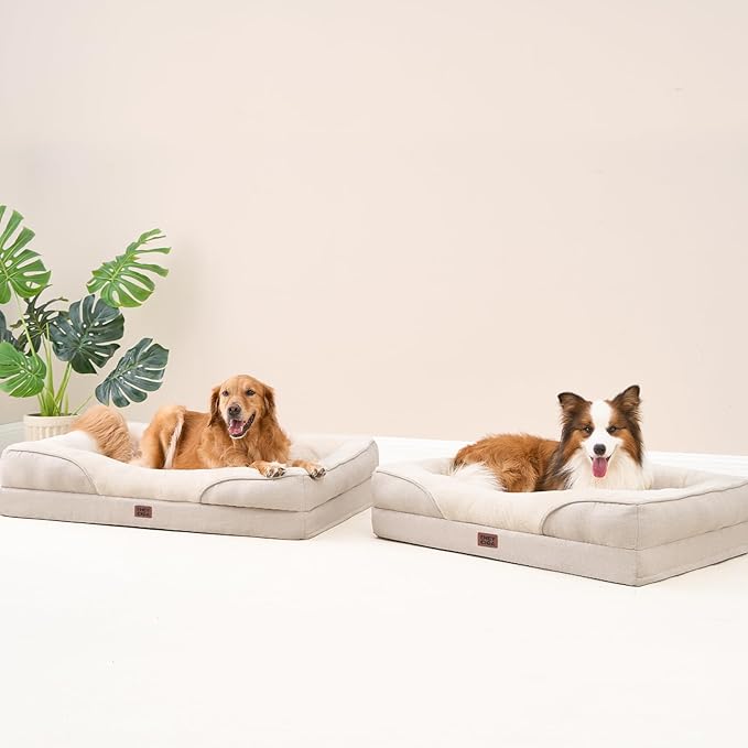 EHEYCIGA Memory Foam Dog Bed for Large Sized, Orthopedic Dog Sofa with Sides and Waterproof Liner, Washable Bolster Pet Couch with Removable Cover, 41x27x7.5 Inch, Beige-PurrikoPets