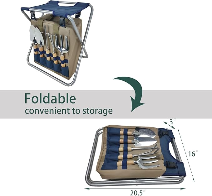 Garden Folding Gardener Stool with Gardening Tools Insulation Garden Bags Plus 5 Garden Tools and Gardening Kneeler Ideal Gift for Mother's Day/Father's Day (Navy Blue)-PurrikoPets