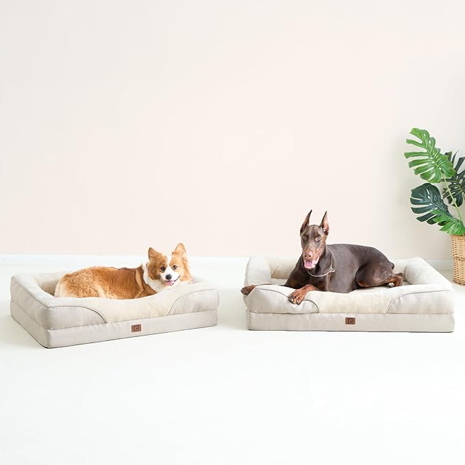 EHEYCIGA Memory Foam XL Dog Bed for XLarge Sized, Extra Large Orthopedic Dog Sofa with Sides and Waterproof Liner, Washable Bolster Pet Bed Couch with Removable Cover, 42x30x7.5 Inch, Beige-PurrikoPets