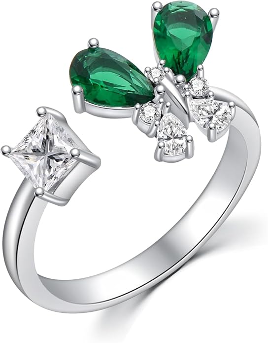 925 Sterling Silver Drangonfly/Butterfly Open Finger Rings Adjustable Dainty Gemstone Sapphire Emerald Green Ring for Women Round/Pear/Princess Engagement Promise Ring
