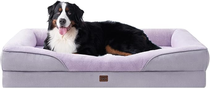 EHEYCIGA Memory Foam XXL Dog Bed for XLarge Sized, Extra Large Orthopedic Dog Sofa with Sides and Waterproof Liner, Washable Bolster Pet Couch with Removable Cover, 52x41x8 Inch, Purple-PurrikoPets