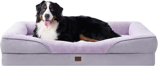 EHEYCIGA Memory Foam XXL Dog Bed for XLarge Sized, Extra Large Orthopedic Dog Sofa with Sides and Waterproof Liner, Washable Bolster Pet Couch with Removable Cover, 52x41x8 Inch, Purple-PurrikoPets