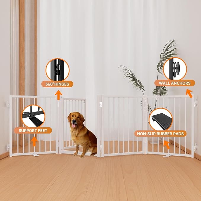 Full Metal Freestanding Dog Gate with Door, 24'' Height Foldable Pet Dog Fence for Indoor & Outdoor, 4 Panels Extra Wide Free Standing SmallDog Gates for Doorways,House,Stairs,Porch,Deck,Yard-PurrikoPets