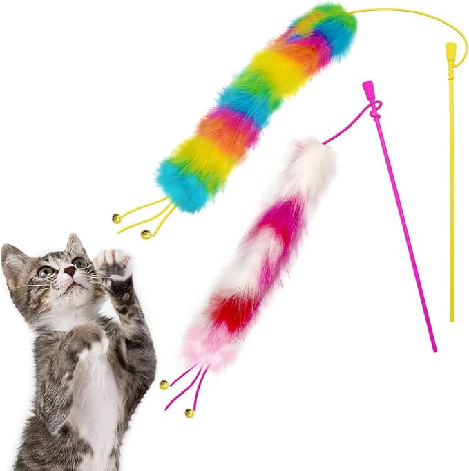 2 Pack Cat Wand Toy, Rainbow Cat Feather Toys with Bells, Teaser Wand with Soft Furry Tail, Interactive Toys for Indoor Cats & Kitten & Kitty-PurrikoPets