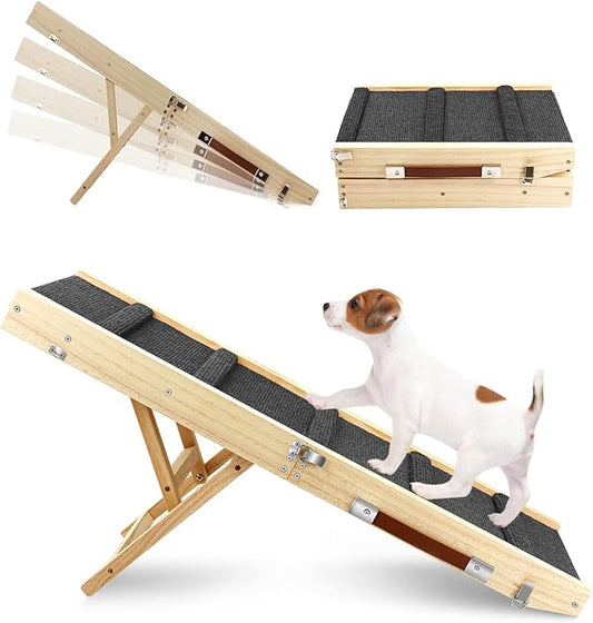 Adjustable Dog Ramp, Wooden Folding Portable Pet Ramp,Rated for 30 LBS, 32.6" Long and Adjustable from 10" to 19" with Non-Slip Traction Mat, Dog Step for Bed, Couch,Car (Grey)-PurrikoPets