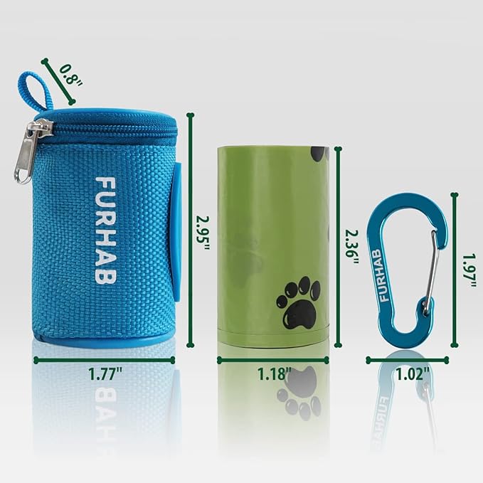 Dog Poop Bag Holder for Leash Doggie Waste Bag Dispenser Soft Fabric Puppy Potty Carrier Small Doggy Zipper Pouch with Carabiner Clip 1680D Nylon Oxford with 1 Roll of Pet Trash Bags, Sky Blue-PurrikoPets