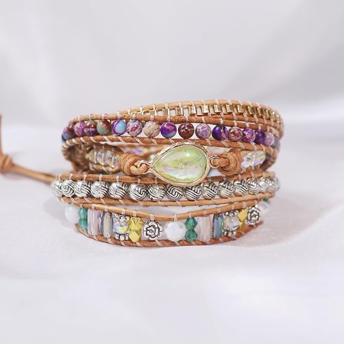 YGLINE Boho Handmade Wrap Leather Tube Crystal Stone Bracelet for Women