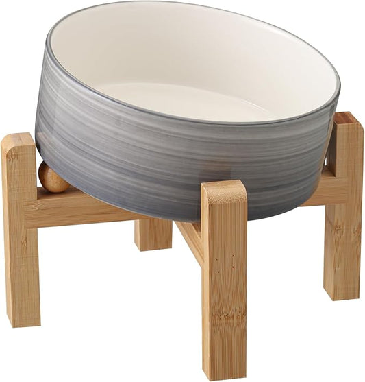 Elevated/Raised 15°Tilted Anti Slip Ceramic Dog Bowls,Slanted Bulldog Pet Food Water Feeding Dish Stand for Cats and Dogs (3.6 Cups/28 OZ) Grey White-PurrikoPets