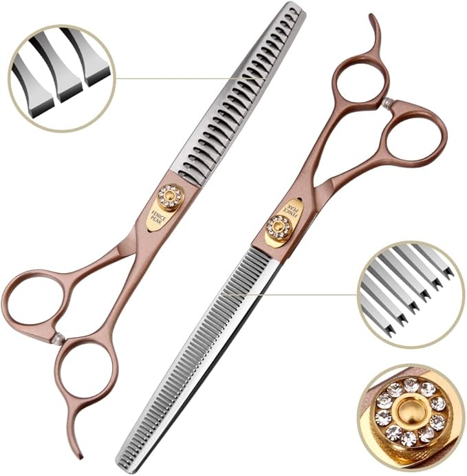Fenice Peak 7.5‘’ Professional Dog Grooming Scissors Set Rose Gold 440C Stainless Steel Straight Thinning Curved Chunker Shears 4pcs Set for Pet Grooming Services Dogs and Cats-PurrikoPets