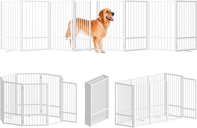 Full Metal Freestanding Dog Gate with Door, 36''Height Foldable Pet Dog Fence for Indoor & Outdoor, 8 Panels Extra Wide Free Standing TallDog Gates for Doorways,House,Stairs,Porch,Deck,Yard-PurrikoPets