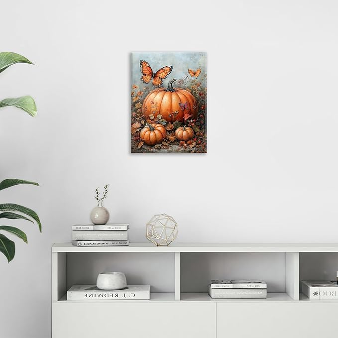 Fall Pumpkin Pictures Wall Art, Rustic Thanksgiving Bathroom Wall Decor, Farmhouse Autumn Butterfly Framed Painting Canvas Artwork for Harvest Gift Bedroom Living Room Decorations 16"L x 12"W-PurrikoPets