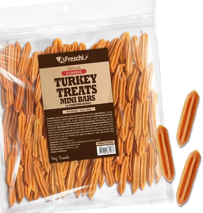 Afreschi Natural Turkey Treats Mini Bars – 16 oz, USA-Sourced Trukey, All-Natural, Hypoallergenic, Low-Fat, Healthy & Easily Digestible, Puppy & Training Snack-PurrikoPets