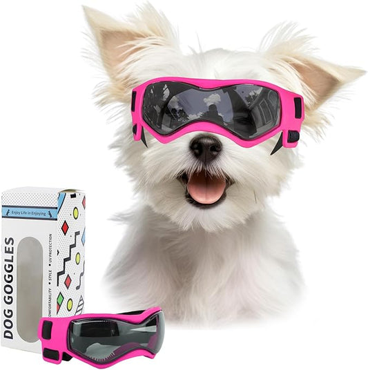 Dog Goggles Dog Sunglasses for Small Breed UV Protection Windproof with Adjustable Head Straps Chin Straps for Ride Car/Hiking Travel/On Beach-Pink-PurrikoPets