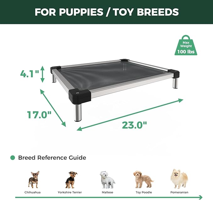 FXW TitanNest Chew-Proof Elevated Dog Bed, Raised Cot for Indoor/Outdoor/Camping Use, Durable & Waterproof Cooling Pet Bed for Toy Dogs, 23.0" L x 17.0" W x 4.5" H, Black-PurrikoPets