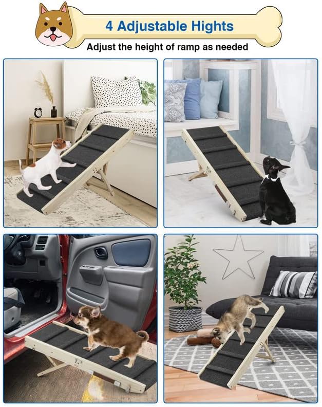 Adjustable Dog Ramp, Wooden Folding Portable Pet Ramp,Rated for 30 LBS, 32.6" Long and Adjustable from 10" to 19" with Non-Slip Traction Mat, Dog Step for Bed, Couch,Car (Grey)-PurrikoPets