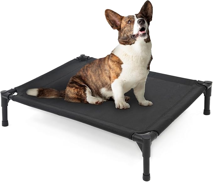 Elevated Dog Bed for Medium Dogs, Raised Dog Cot Beds Fits Up to 150 LBs, Heavy Duty Pet Cots with Durable Supportive Teslin Recyclable Washable Mesh, Indoor & Outdoor Dog Bed, Black-PurrikoPets