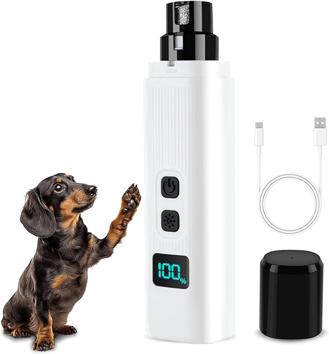 Dog Nail Grinder - 2-Speed Super Quiet and Low Vibration Electric Pet Nail Grinder - Rechargeable Dog Nail Trimmers for Small Dogs- Cat Nail Claw Clippers with 2 Level LED Lighting(White)-PurrikoPets
