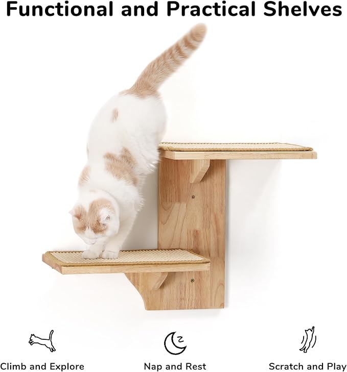 FUKUMARU Cat Wall Shelves, 2 Platform Kitten Wall Furniture, Tree Shape Wall-Mounted Floating Shelf with Sisal Mat, Solid Rubber Wood Cats Perch for 16 Inch Drywall, Suitable for Climb, Play, Nap-PurrikoPets