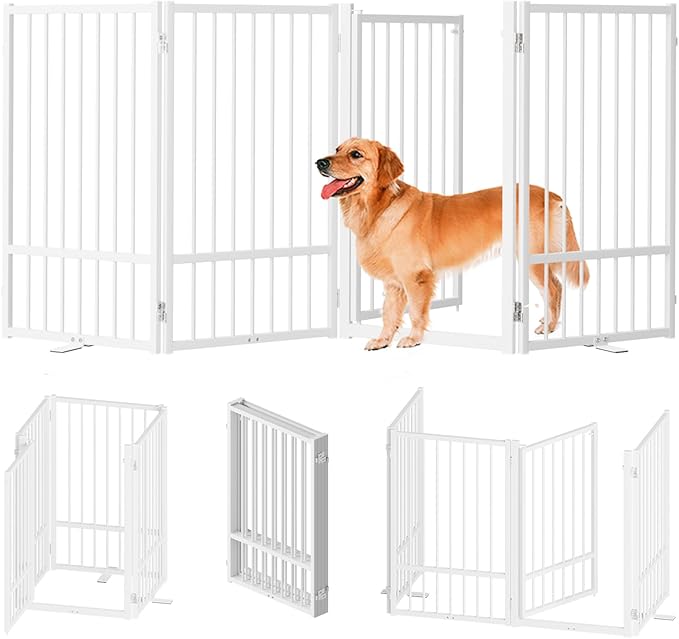 Full Metal Freestanding Dog Gate with Door, 32''Height Foldable Pet Dog Fence for Indoor & Outdoor, 4 Panels Extra Wide Free Standing TallDog Gates for Doorways,House,Stairs,Porch,Deck,Yard-PurrikoPets