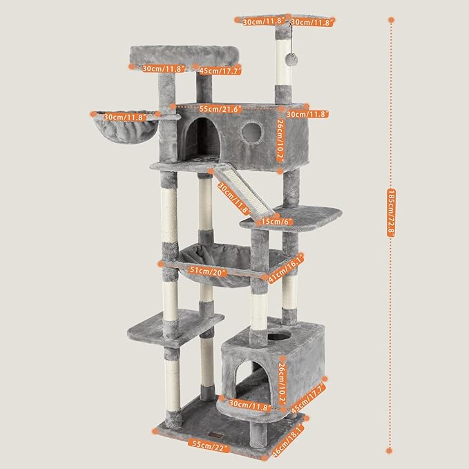 73 inches Large Cat Tree for Indoor Cats, Tall Cat Tower with Sisal Scratching Posts and Pads, Padded Plush Perch, Cozy Basket, Plush Condo for Large Cats (Grey)-PurrikoPets