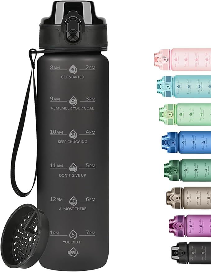 32oz Motivational Water Bottles with Time Marker & Fruit Strainer, Transparent Gradient Color Water Bottle with Times to Drink, Leakproof & BPA Free, Reusable Bottle with Strap (No Straw)-PurrikoPets