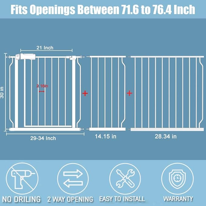 Extra Wide Baby Gates 71.5-76.3 Inch White Pressure Mounted Baby Gate Indoor Safety Gates Pressure Mounted Child Gate for Stairs Doorways Hallways-PurrikoPets