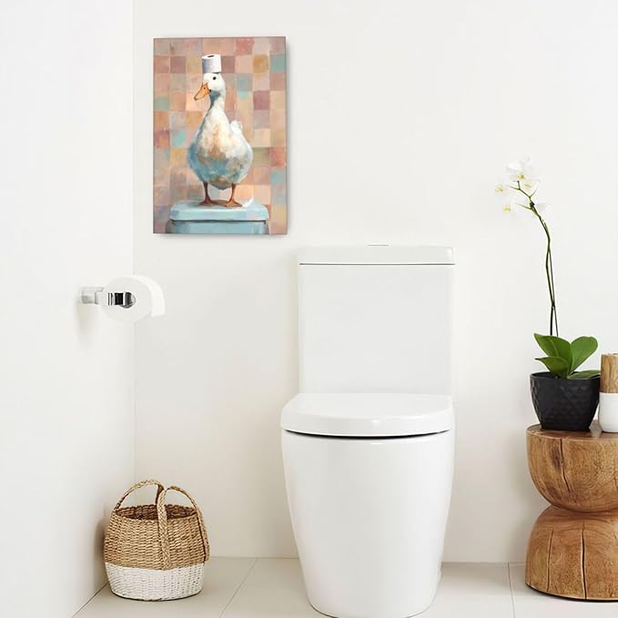 Funny Duck Bathroom Wall Art Cute Duck on Toilet Canvas Wall Decor Funny Quirky Farm Animal Pictures Painting Print Framed Artwork Decorations Gifts for Bathroom 16"x24"-PurrikoPets
