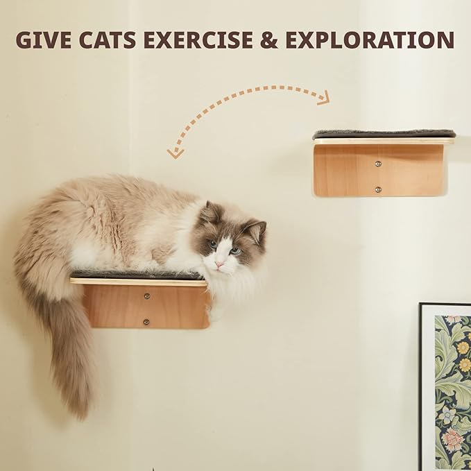 2 Set Cat Wall Steps - Wooden Cat Climbing Shelf for Wall - Cats Wall Stairs with Scratching Mat - Wall Mounted Cats Furniture for Jumping, Playing, and Lounging-PurrikoPets