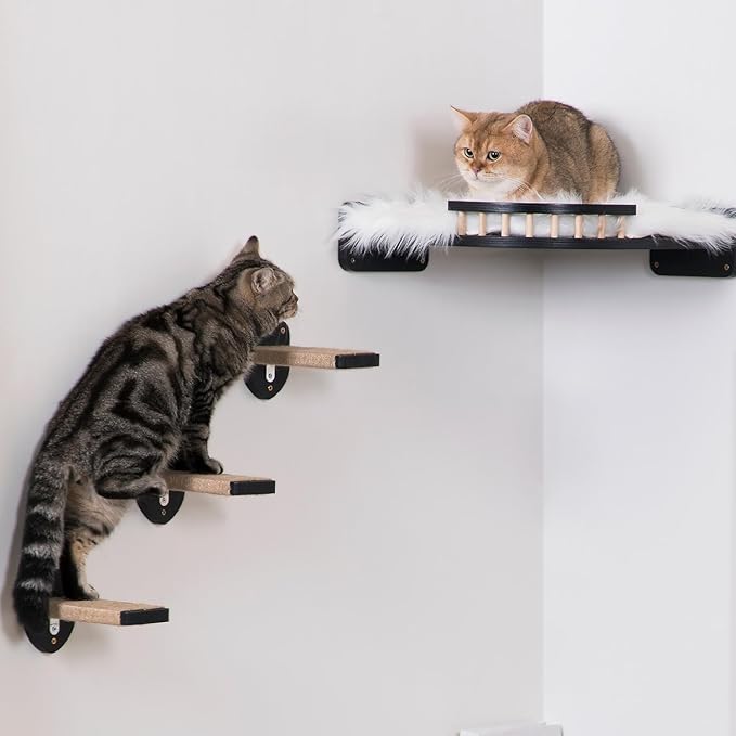 3-in-1 Cat Wall Steps - Climbing Wall Furniture & Shelves with Hemp Rope, Solid Wood Cat Ladder (Standard-Black)-PurrikoPets