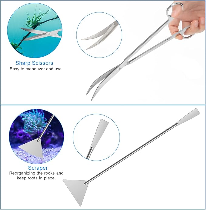 Extra Long Aquarium Aquascaping Tools Kit 8 in 1, Liveek Stainless Steel Aquarium Plant Tools Long Fish Tank Aquascape Tweezers Scissors Scrapers, PH Paper, Fish Net, Aquascape Clean Brush, Bag-PurrikoPets