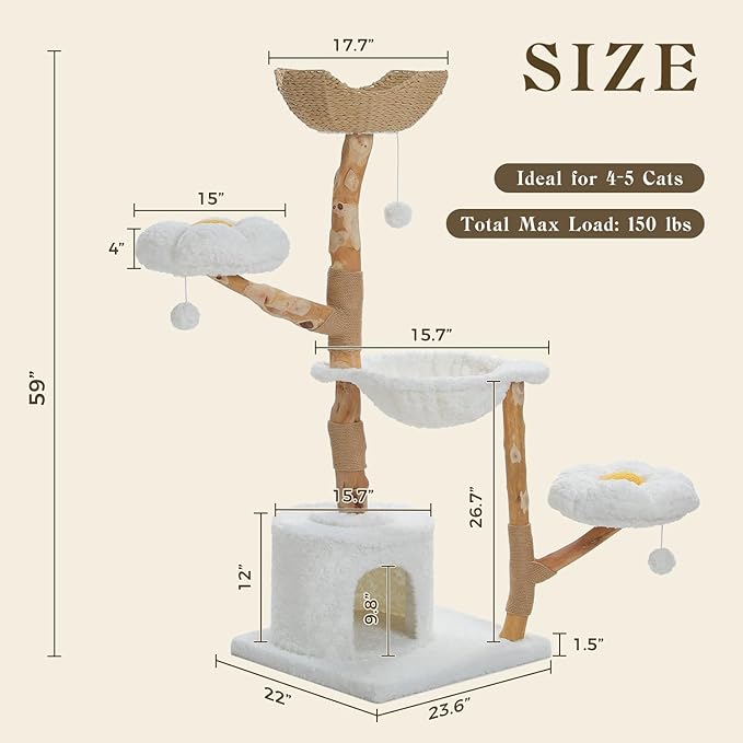 59" Modern Cat Tree Tower for Large Cats w/2 Flower Perches-Natural Solid Wood Scratching Post with Real Branch-Luxury Boho Cat Furniture w/Condo & Wicker Basket Bed, Cloud White-PurrikoPets