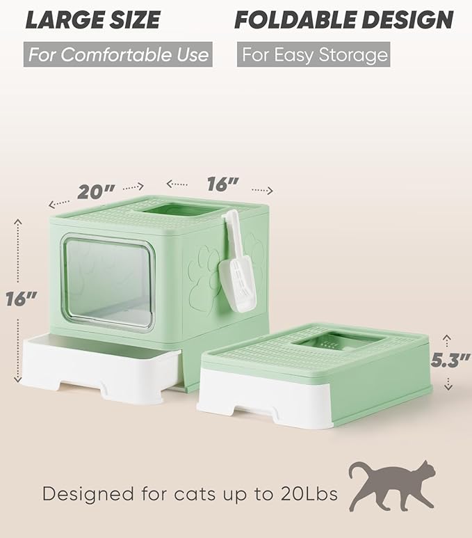Enclosed Cat Litter Box, Large Litter Box for Big Cats, Covered Kitty Litter Boxes with Lid, Top Entry Cat Box Enclosure with Scoop, Odor Control, Easy to Clean(Green)-PurrikoPets
