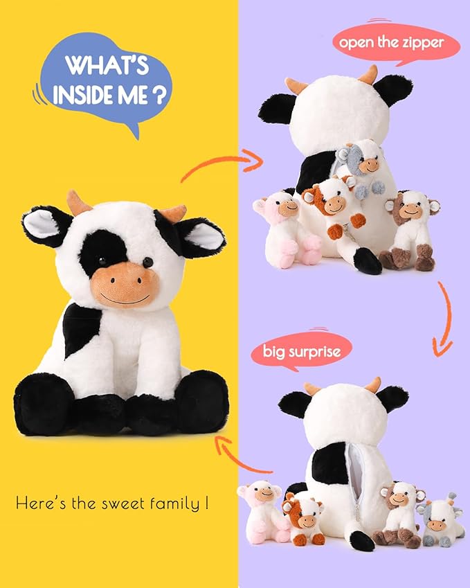 5 Pieces Cow Stuffed Animals for Boys Girls, 1 Mommy Cow with 4 Babies Soft Plush Toy Set Gifts for Kids Children 3 4 5 6 7 8 9 Years, Christmas, Birthday, Party Decorations-PurrikoPets