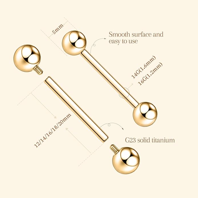AROWRO Nipple Piercing Jewelry G23 Titanium Nipple Rings Tongue Rings Nipple Bar 14G Internally Threaded Straight Barbells Bridge Piercing Jewelry 12mm-20mm