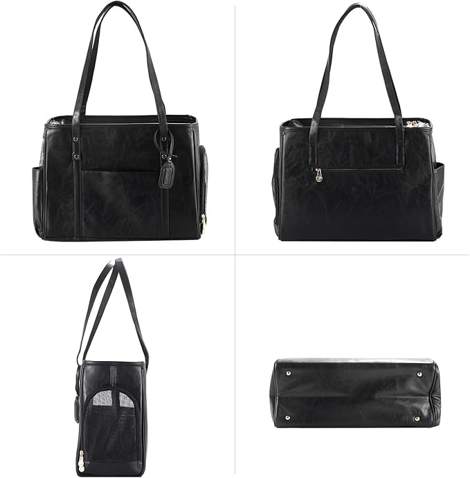 Fashion Dog Carrier Purse, Premium Leather Cat Carrier Bag, Airline Approved Soft Sided Pet Travel Tote Bag with Pockets Black-PurrikoPets