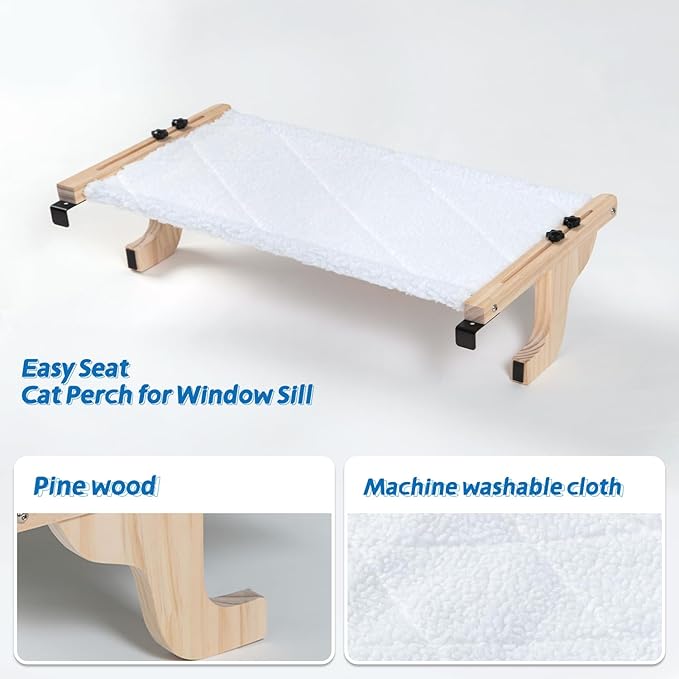 Easy Seat Cat Perch for Window Sill - Hammock Design w/Pine Wood & Robust Metal Frame - Cat Window Seat for Large Cats and Kittens (Natural Color Wood w/White Bed, Medium (23''W x 14''D))-PurrikoPets