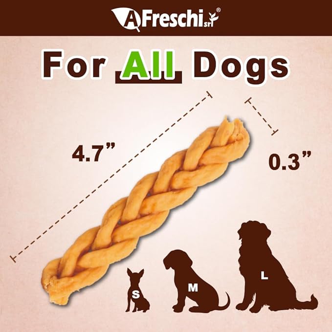Afreschi Turkey Tendon Braided Stick 3.5 oz, Dog Treats for Classic Series, All Natural Human Grade Dog Treat, Suitable for Training chew, USA-Sourced Turkey Tendon, Rawhide Alternative-PurrikoPets