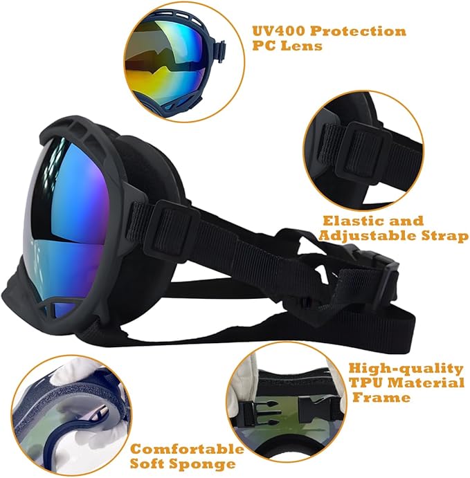 Dog Goggles for Large Breeds Anti-UV Sunglasses for Medium to Large Dogs, Windproof, Dustproof, Snowproof Eye Protection, Soft Frame Pet Goggles for Outdoor Activities (Colored Lens)-PurrikoPets