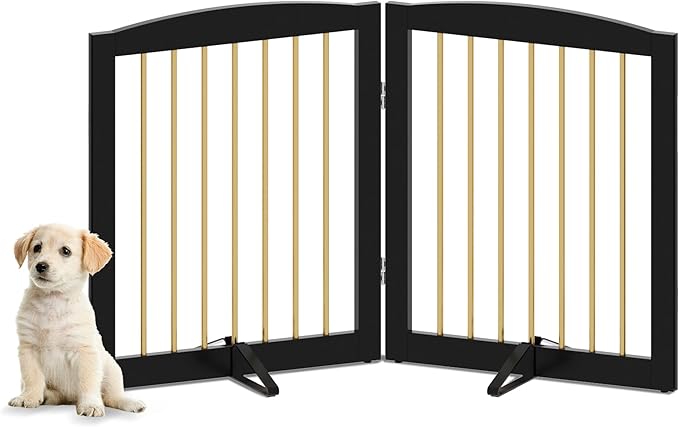 Freestanding Pet Gate for Dogs, Foldable Wooden Dog Gate for House, Stairs, Doorways, Step Over Pet Puppy Safety Fence,Support Feet Included,24" Height 2 Panels, Black&Gold-PurrikoPets