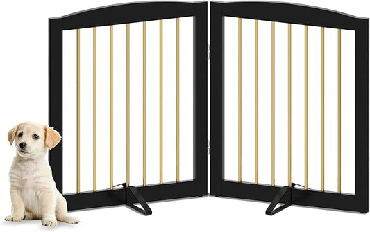 Freestanding Pet Gate for Dogs, Foldable Wooden Dog Gate for House, Stairs, Doorways, Step Over Pet Puppy Safety Fence,Support Feet Included,24" Height 2 Panels, Black&Gold-PurrikoPets