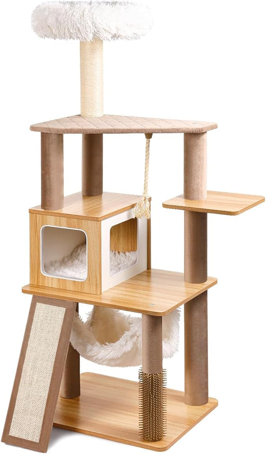 61" Wooden Cat Tree Tower for Indoor Cats, Luxury Modern Wooden Tower with XL Plush Lounge, Hammock & Scratching Posts for Maine Coon 20 lbs-PurrikoPets