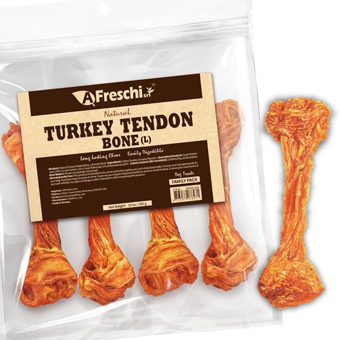 Afreschi Natural Turkey Tendon Bone (L) 10 oz, USA-Sourced Turkey Tendon, All Natural Puppy Chew, Hypoallergenic, Rawhide Alternative, for Large Breeds-PurrikoPets