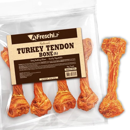 Afreschi Natural Turkey Tendon Bone (L) 10 oz, USA-Sourced Turkey Tendon, All Natural Puppy Chew, Hypoallergenic, Rawhide Alternative, for Large Breeds-PurrikoPets