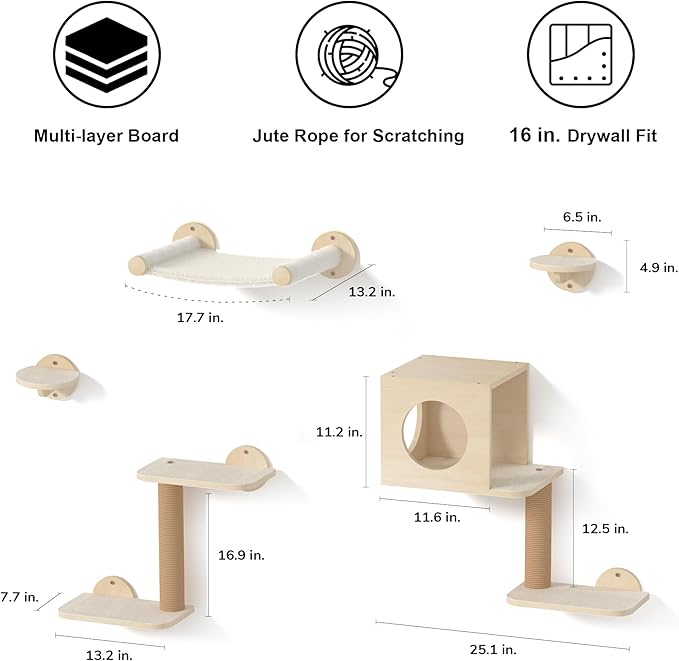 FUKUMARU Cat Wall Shelves, 5-Piece Stable Wooden Wall-Mounted Furniture Set, Kitty Climber with Hammock, House, Steps, Scratching Post (Beige)-PurrikoPets