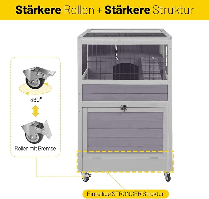 Aivituvin Rabbit Hutch Rabbit Cage Outdoor & Indoor on Wheels Bunny cage with Deep No Leak Pull Out Tray,Upgrade Version (Gray)-PurrikoPets