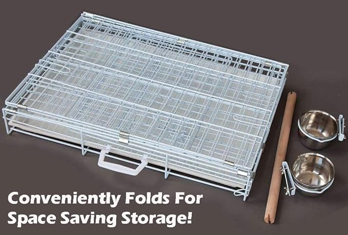 Durable Easy Portable Metal Travel or Veterinary Collapsable Parrot Bird Carrier Beaks Proof Cage with Stainless Steel Feeder Bowls Natural Wooden Perch Stand-PurrikoPets