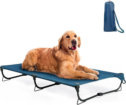 Folding Raised Dog Bed, Large Outdoor Elevated Dog Cot, Cooling Chew Proof Pet Cots Bed, Portable, Heavy Duty Up to 160 lbs, Pet Cot for Camping, Home, Dark Blue, 49"x33"x7"-PurrikoPets