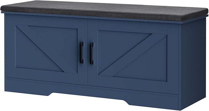 2-Tier Storage Bench, Shoe Bench with Padded Seat Cushion, Entryway Bench with 2 Barn Doors, Adjustable Shelf, 13.8" D x 39.4" W x 17.7" H, for Entryway, Living Room, Bedroom, Blue-PurrikoPets