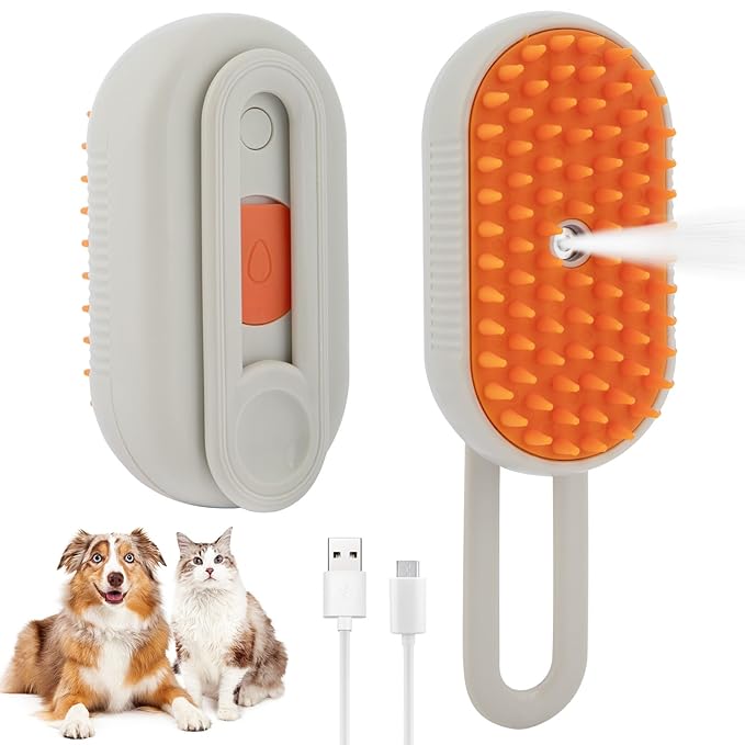4-in-1 Cat Steam Brush Cat and Dog Anti-Static steam Brush with Spray for Massaging,cleaning,Shedding,Grooming,New Rechargeable Pet Grooming Brushes(cream khaki)-PurrikoPets