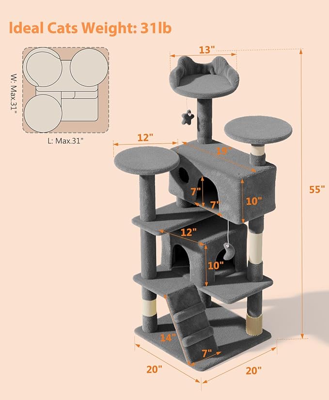 54" Cat Tree Tower for Indoor Cats Large Adult,Cute/Tall Modern Cat Tree for Big Cats 20 lbs, Plush Multi-Level Cat Condo with Scratching Posts,Hammock, Dangling Ball (Smoky Gray, 54 inch)-PurrikoPets